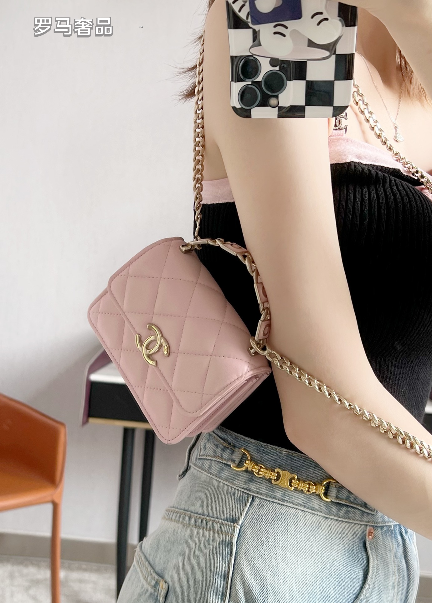 Chanel Mini Flap Bag with Top Handle Pink Quilted Lambskin