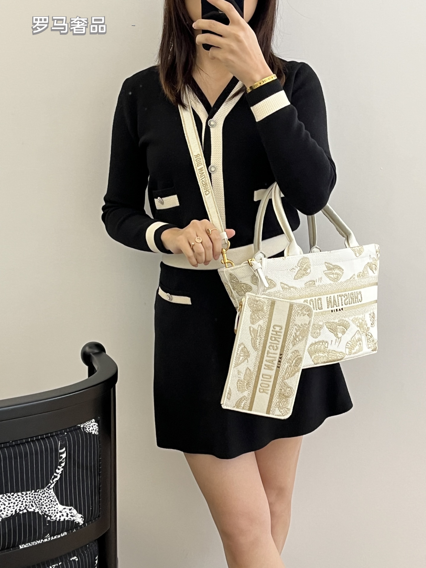 Dior Elegant Butterfly Embroidered Canvas Tote Handbag with Strap