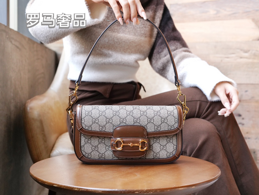 Gucci Vintage Monogram Flap Shoulder Bag with Gold Horsebit Clasp