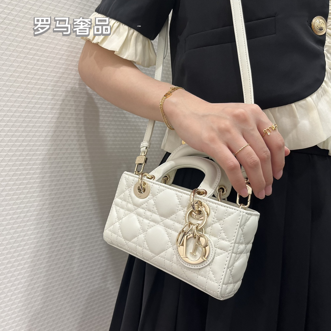 Dior White Quilted Leather Mini Top Handle Bag with Gold Chain Strap