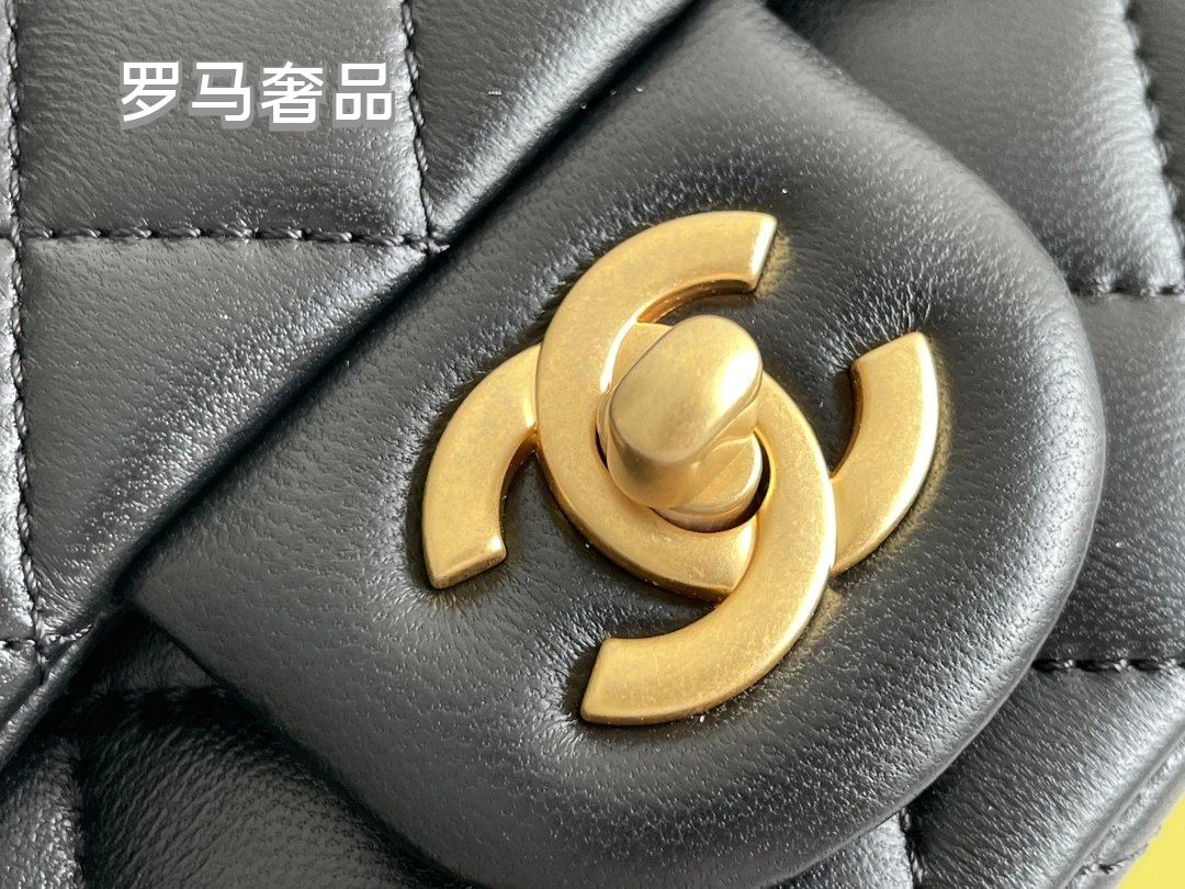 Black Quilted Leather Mini Flap Bag with Gold-Tone Chain and Camellia Charm