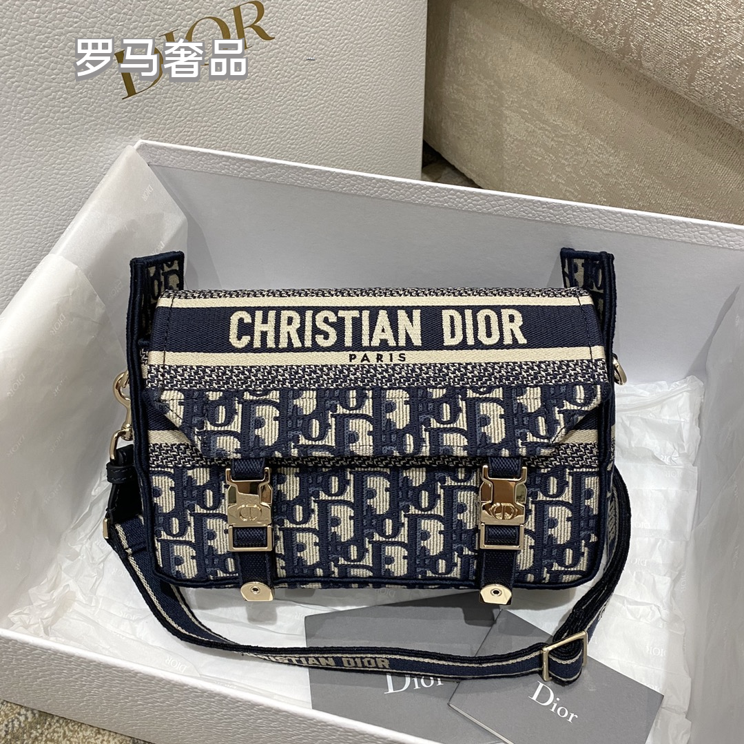 Dior Blue Monogram Embroidered Canvas Messenger Shoulder Bag