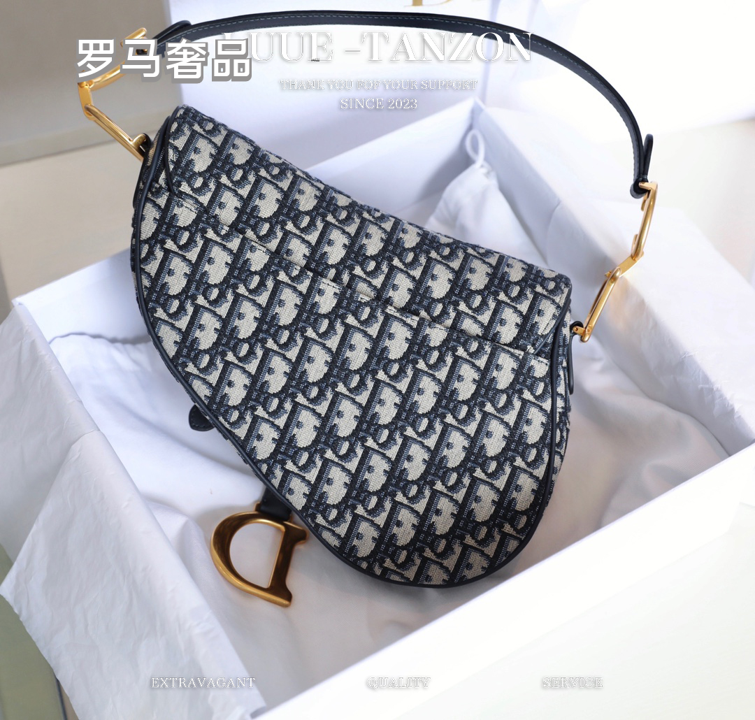 Dior Vintage Navy Monogram Canvas Saddle Shoulder Bag for Women