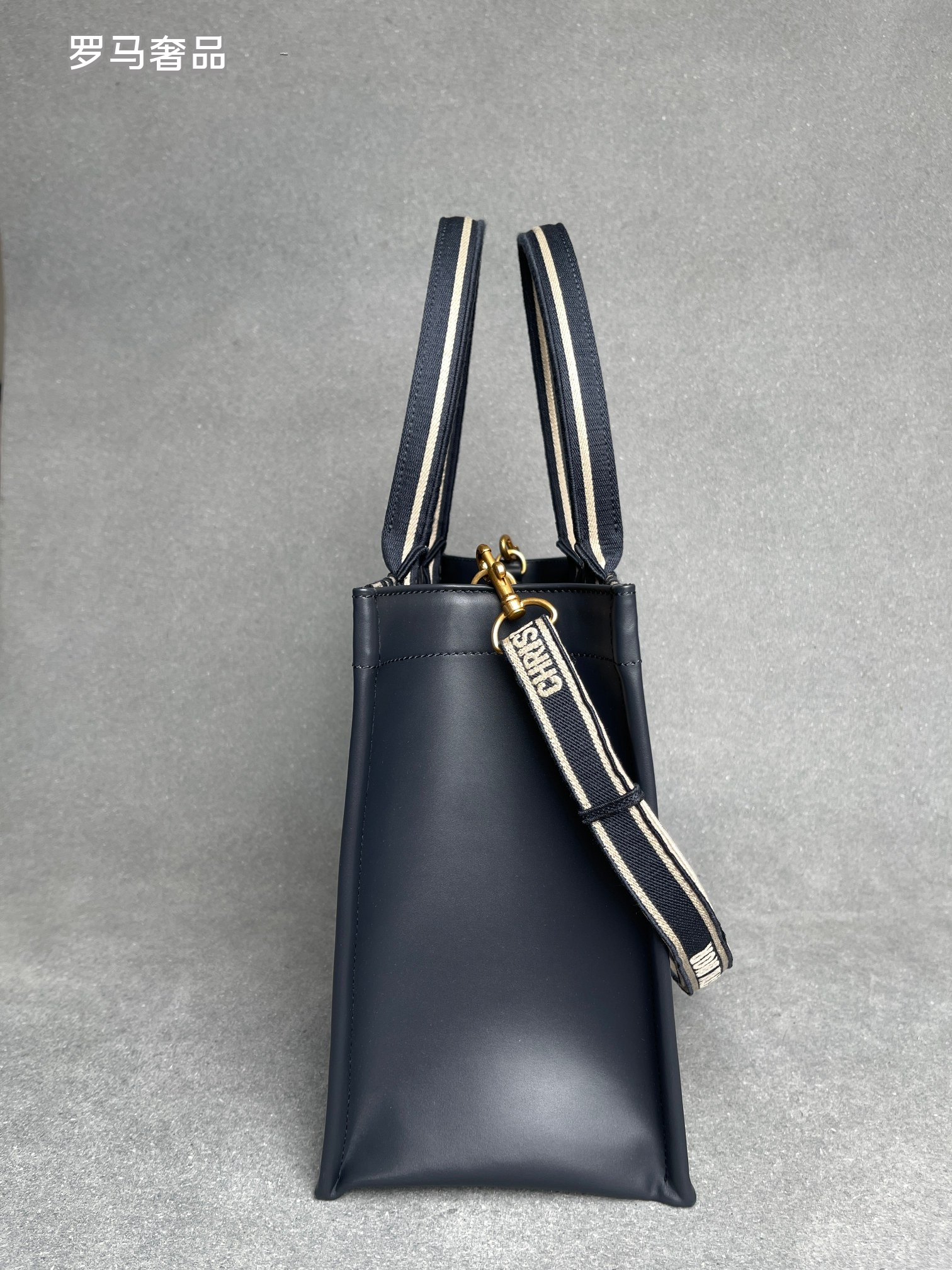Dior Navy Blue Monogram Canvas Tote Bag with Top Handles