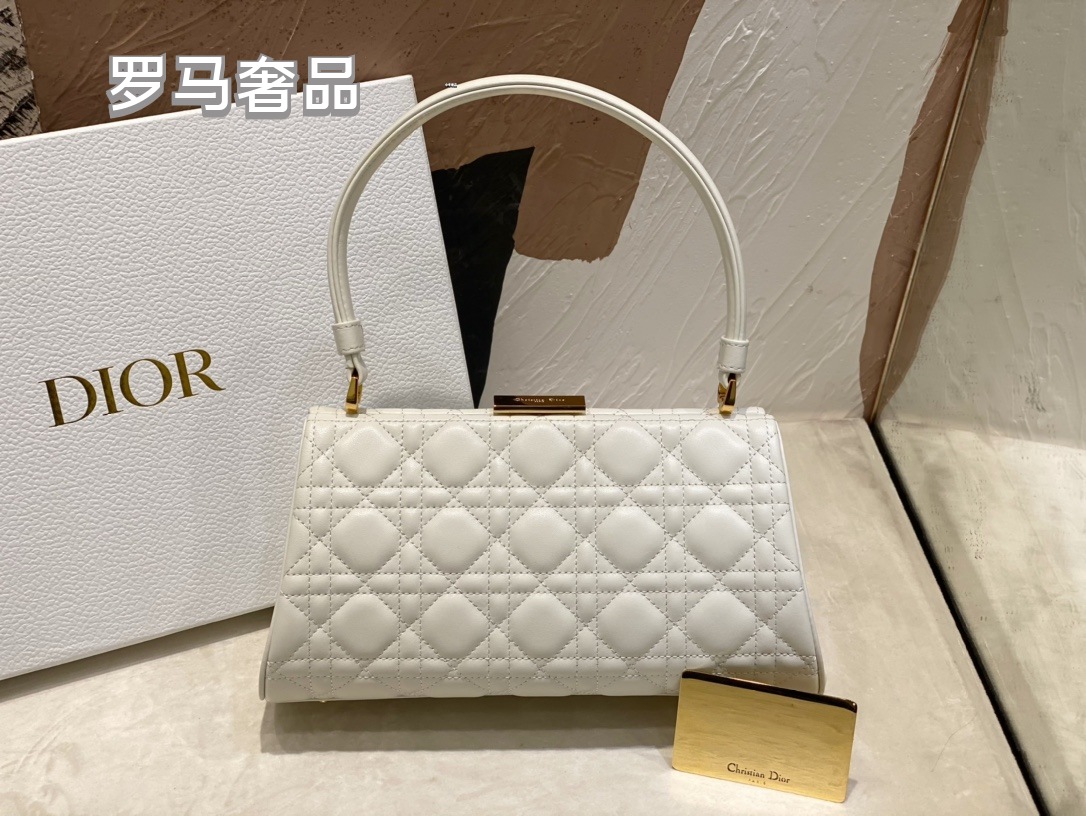 Dior Elegant Navy Blue Quilted Leather Top Handle Trapezoid Handbag