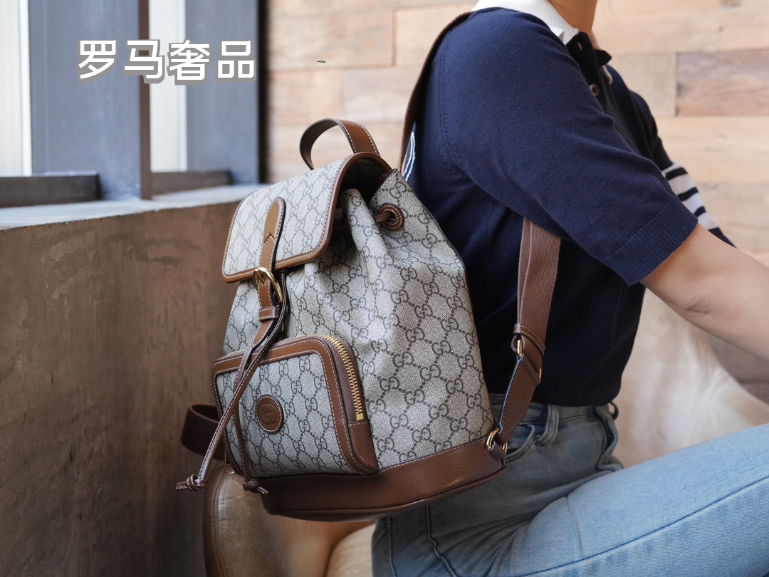 Gucci Classic Monogram Canvas Backpack with Brown Leather Trim and Drawstring