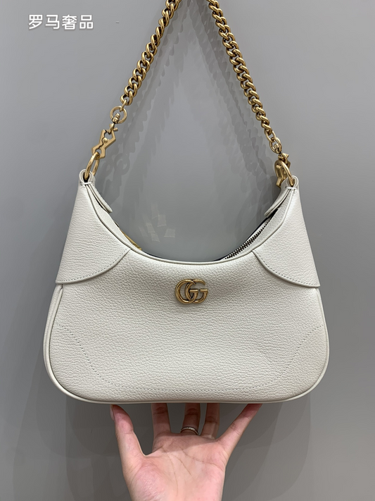 Gucci Luxury White Leather Hobo Bag with Gold Chain Shoulder Strap