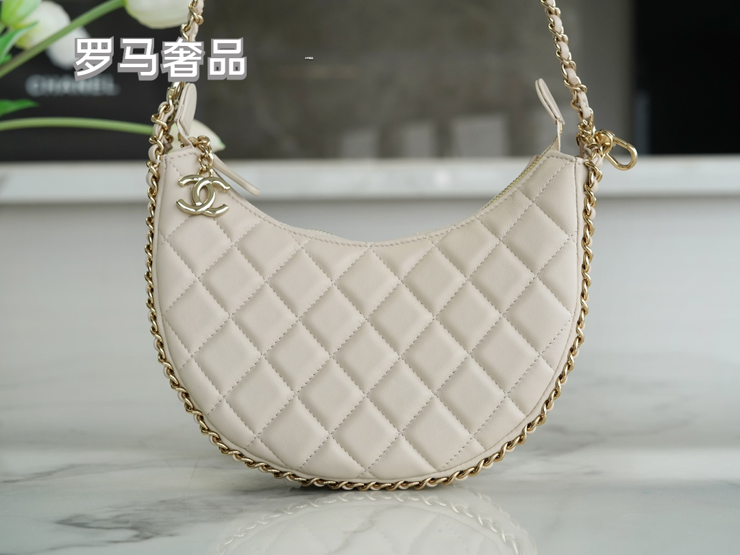 Chanel Style Small Quilted Crescent Hobo Bag in Beige with Gold-Tone Chain