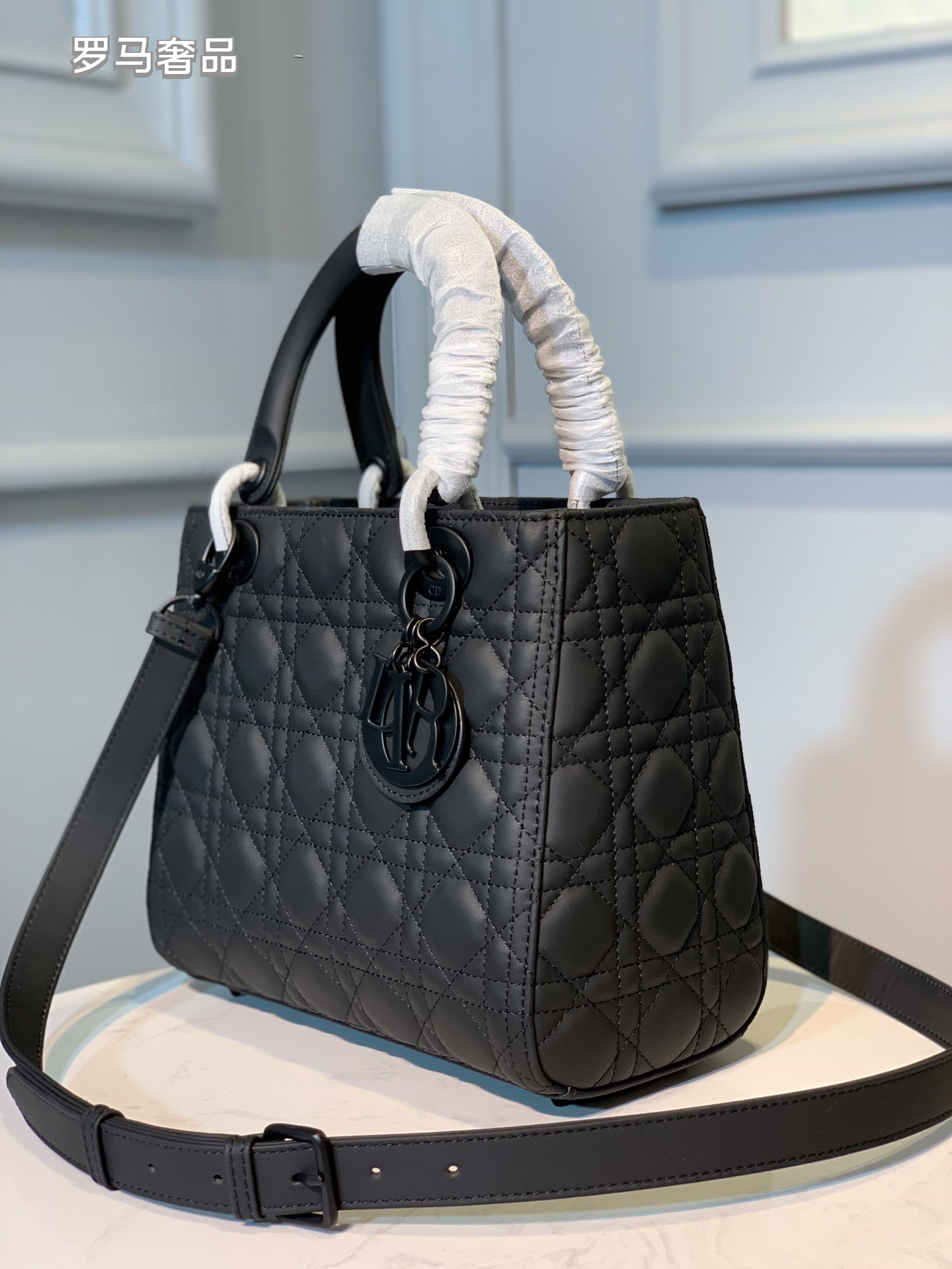 Dior Classic Matte Black Quilted Top Handle Crossbody Handbag