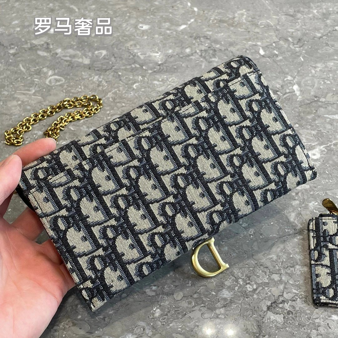 Dior Vintage Monogram Jacquard Saddle Wallet on Chain Crossbody Shoulder Bag