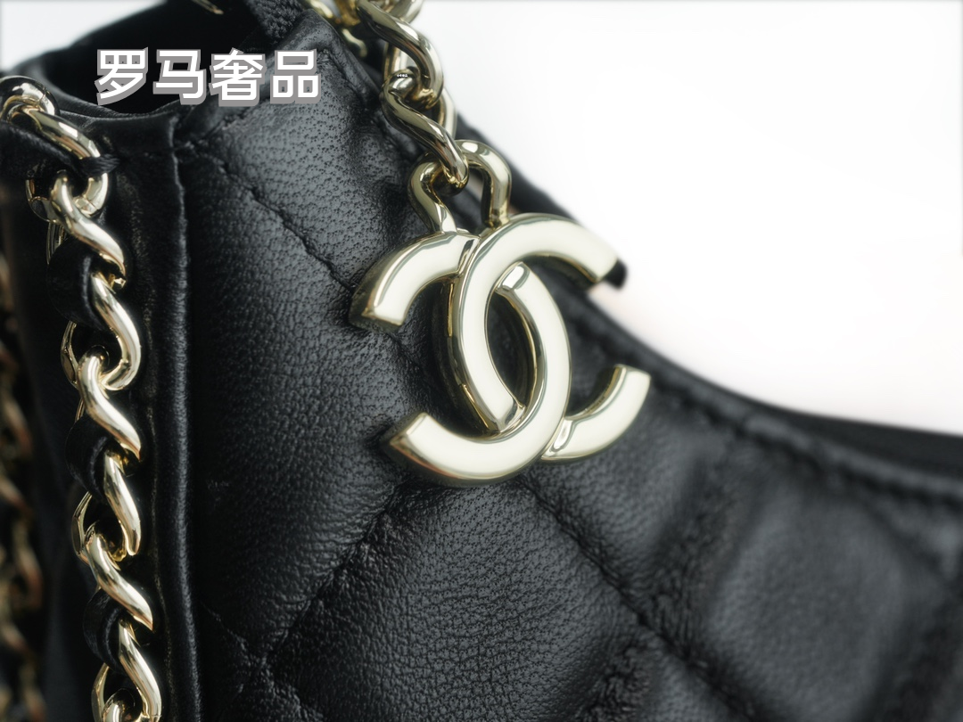 Luxury Black Quilted Leather Mini Hobo Bag with Gold-Tone Chain Strap