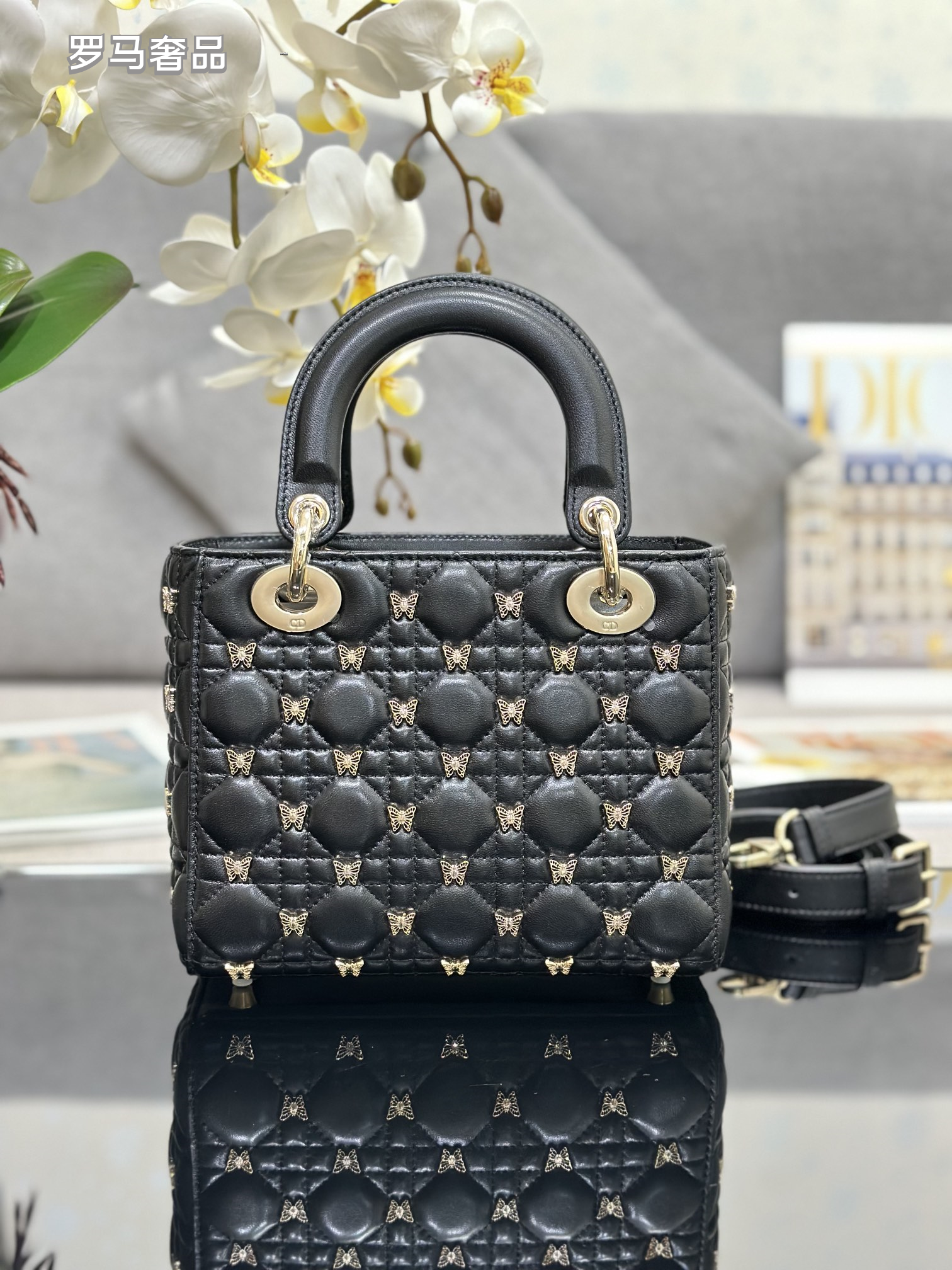 Dior Luxury Black Quilted Leather Handbag with Gold Butterfly Charm