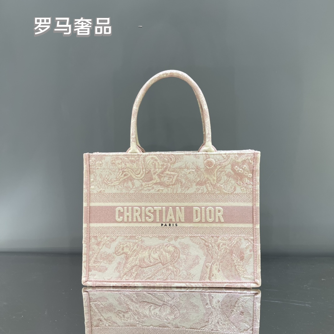 Dior Pink and Beige Floral Embroidered Top Handle Canvas Tote Bag