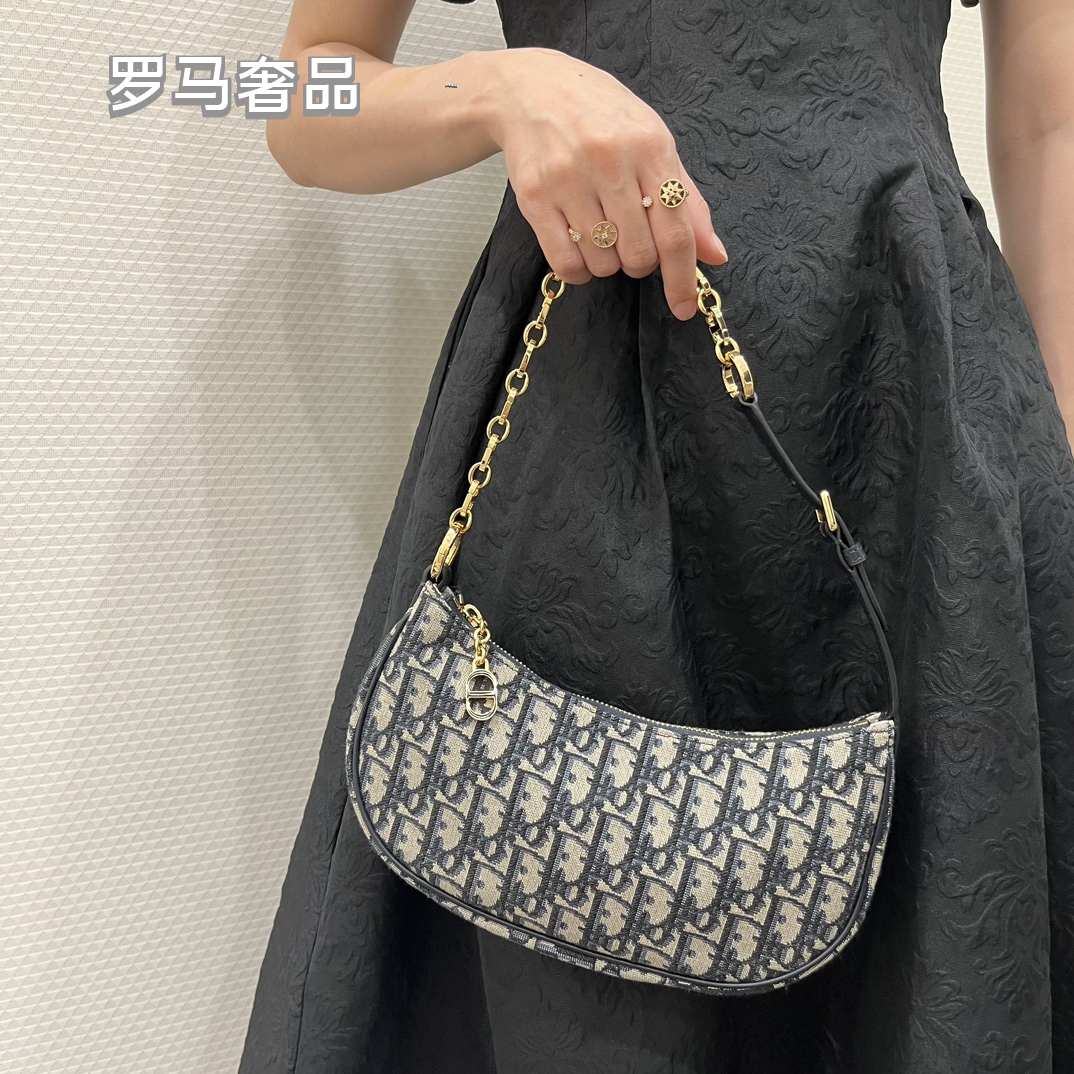 Dior Elegant Monogram Canvas Crescent Shoulder Bag with Gold Chain