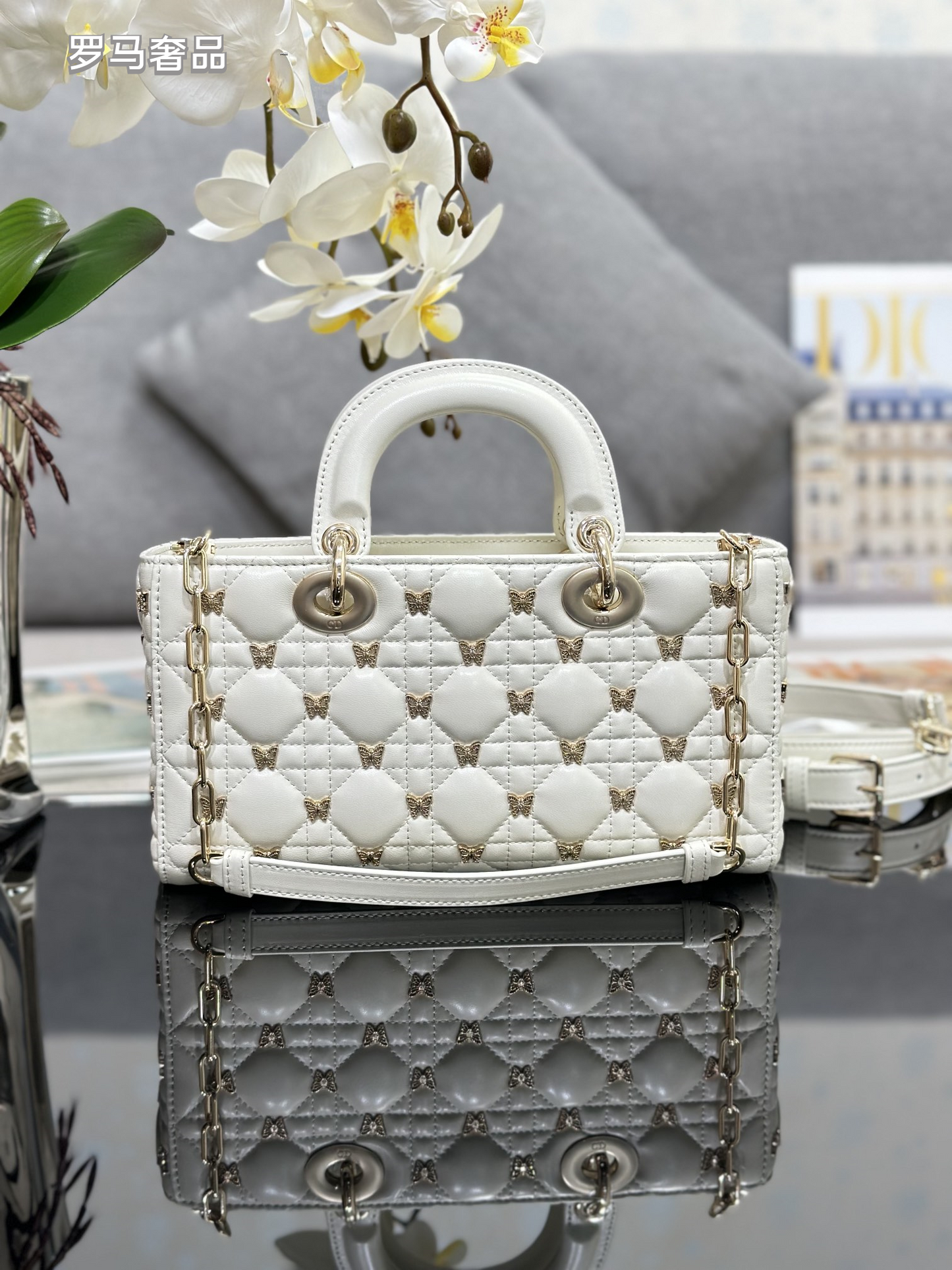 Dior Luxury Black Quilted Leather Top Handle Bag with Gold Butterfly Charm