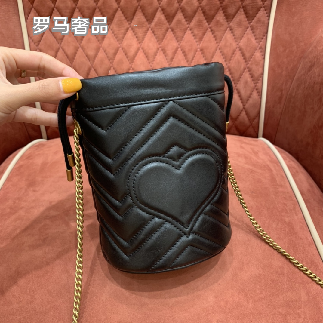 Gucci Luxury Black Chevron Quilted Leather Drawstring Bucket Crossbody Bag