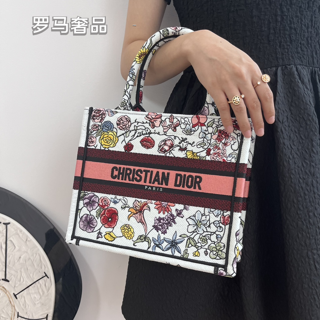 Dior Vintage Floral Embroidered Canvas Tote Bag Top Handle Handbag