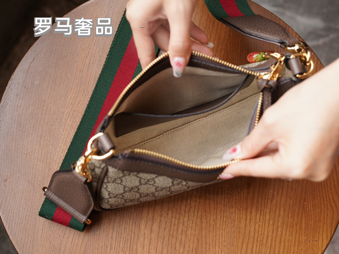 Gucci Classic Monogram Canvas Shoulder Bag with Web Strap and Strawberry Charm
