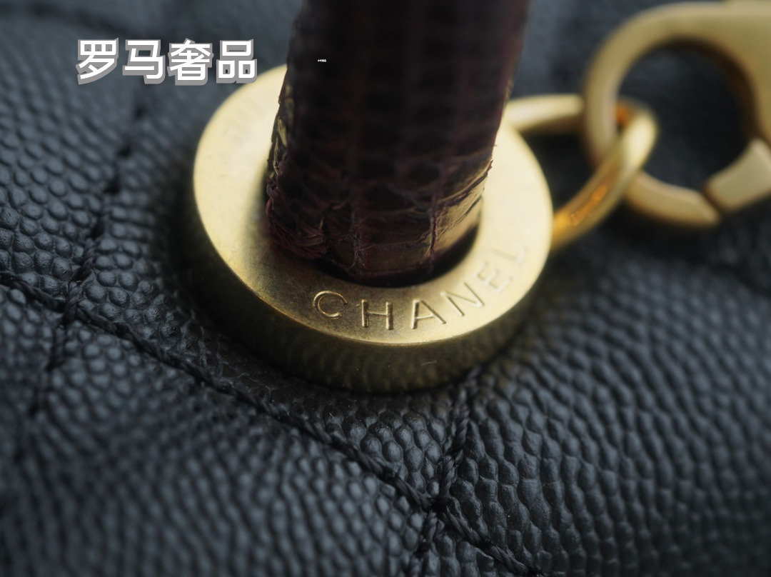 Chanel Medium Coco Handle Bag Black Quilted Caviar Leather Gold Hardware