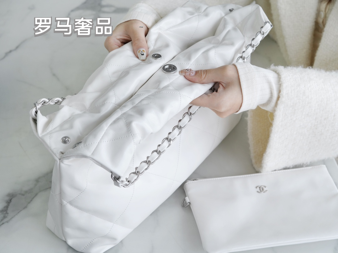 Chanel 22 Handbag - White Shiny Calfskin &amp; Silver-Tone Metal with Matching Pouch