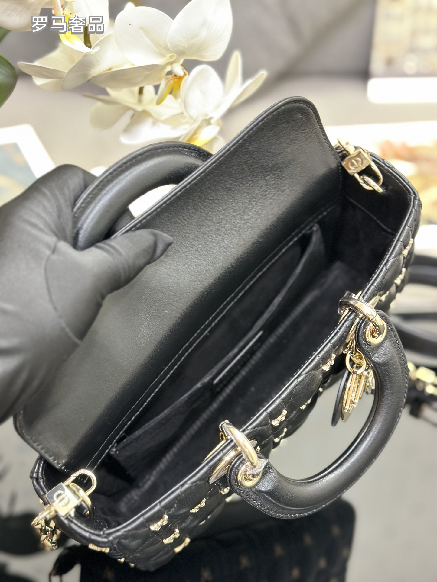 Dior Luxury Black Quilted Leather Top Handle Bag with Gold Butterfly Charm