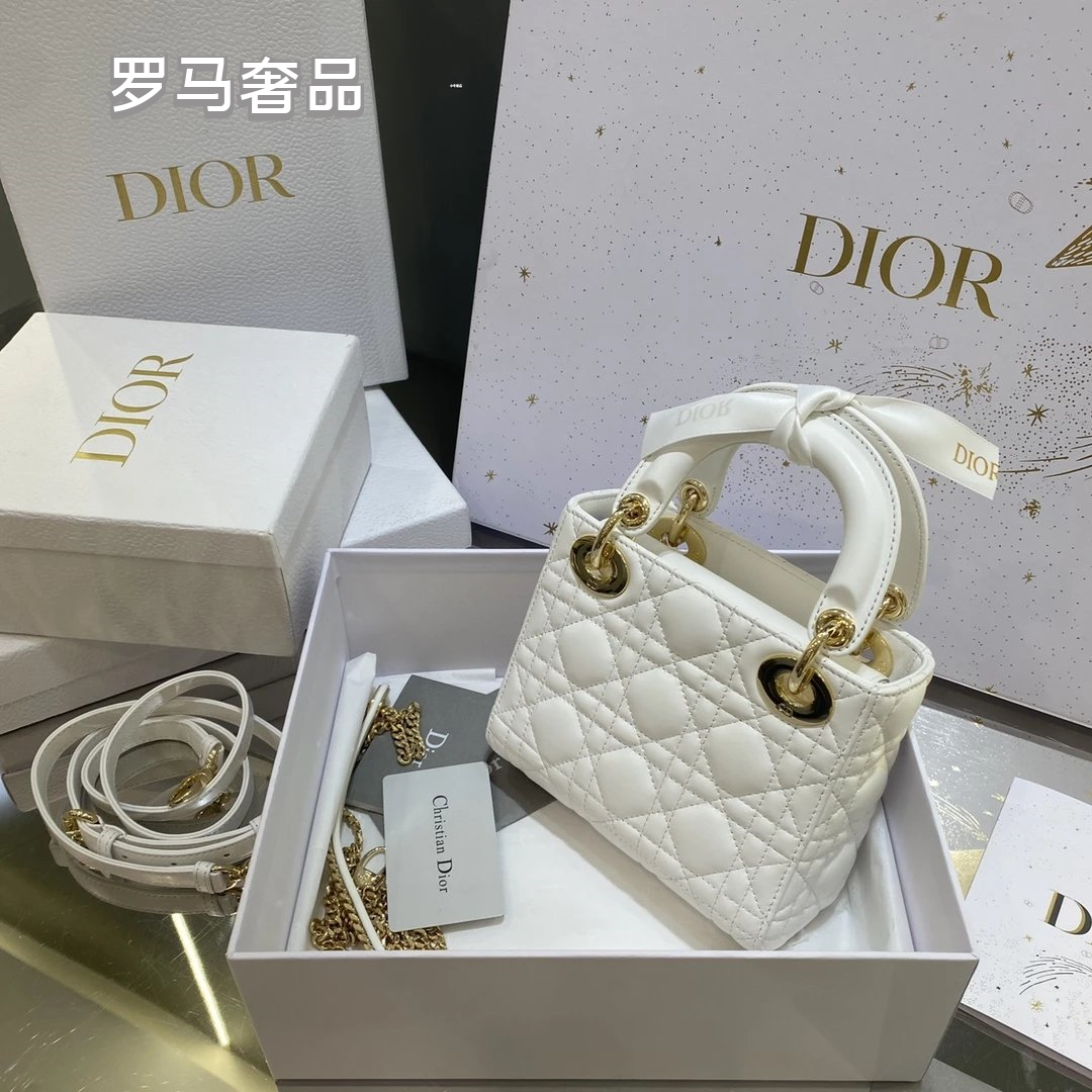 Dior Classic White Quilted Leather Mini Top Handle Bag with Silver Hardware