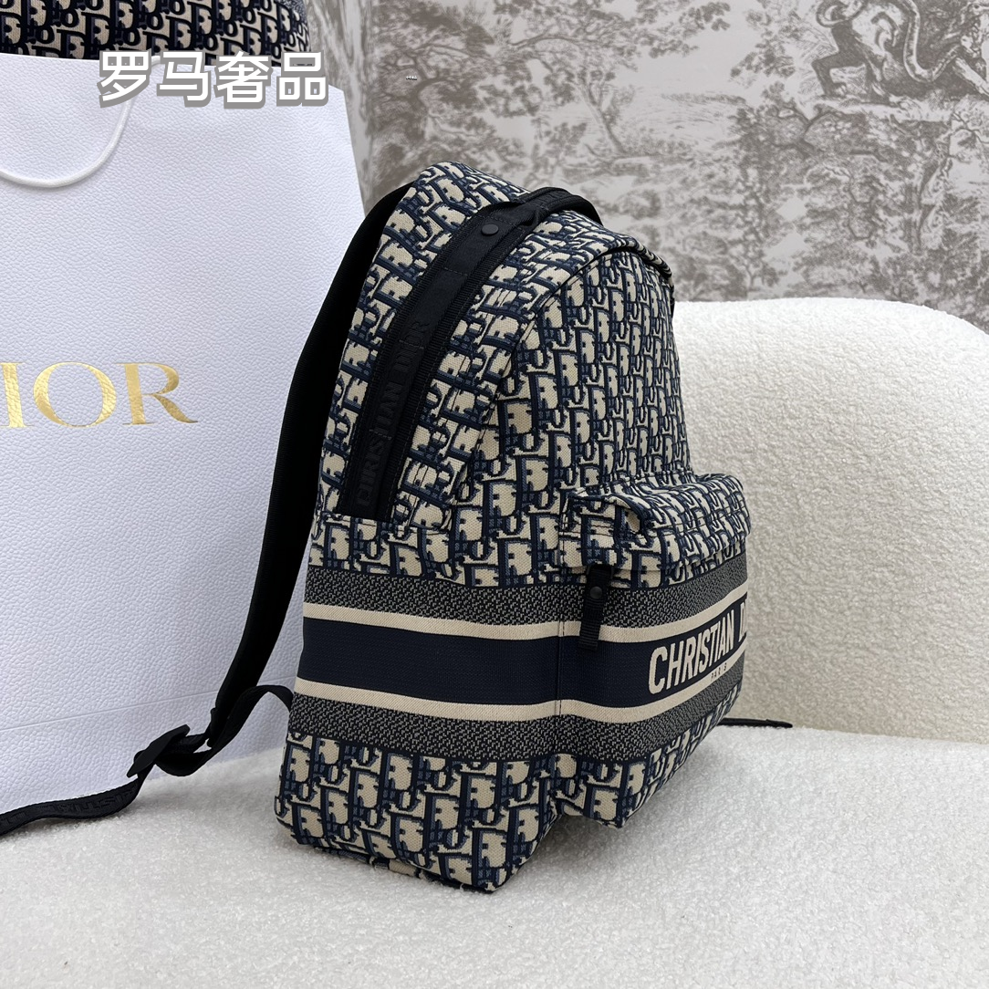 Dior Luxury Monogram Jacquard Canvas Backpack with Front Pocket Stripe