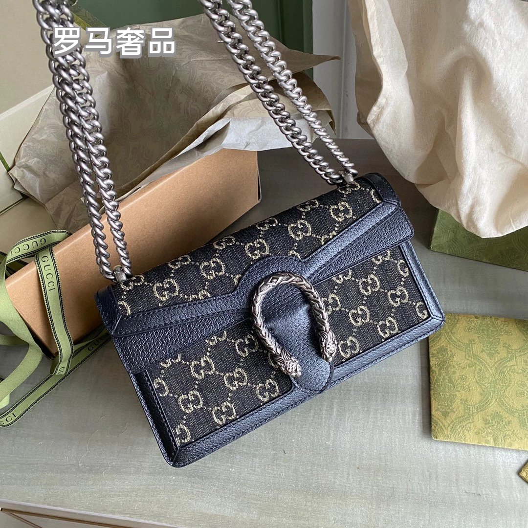 Gucci Luxury Navy Blue Monogram Canvas Chain Shoulder Bag with Spur Buckle
