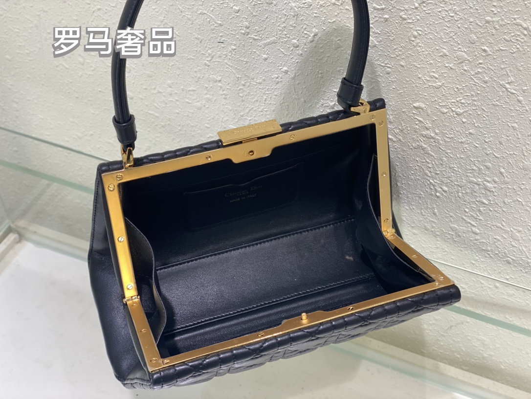 Dior Elegant Navy Blue Quilted Leather Top Handle Trapezoid Handbag