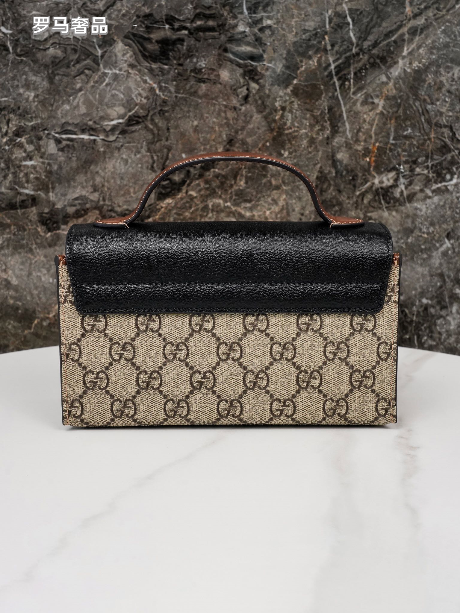 Gucci Vintage Monogram Canvas Top Handle Bag with Leather Flap and Padlock