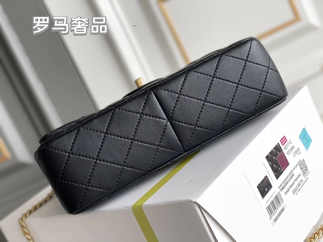 Black Quilted Leather Mini Flap Bag with Gold-Tone Chain and Camellia Charm