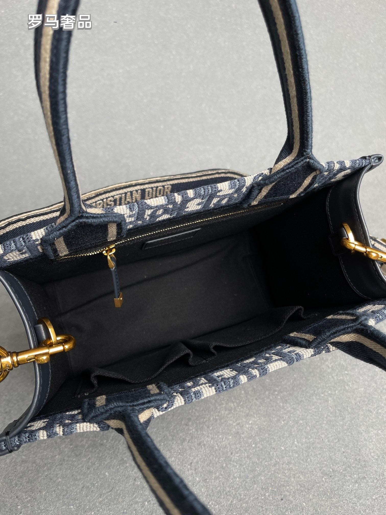 Dior Navy Blue Monogram Canvas Tote Bag with Top Handles