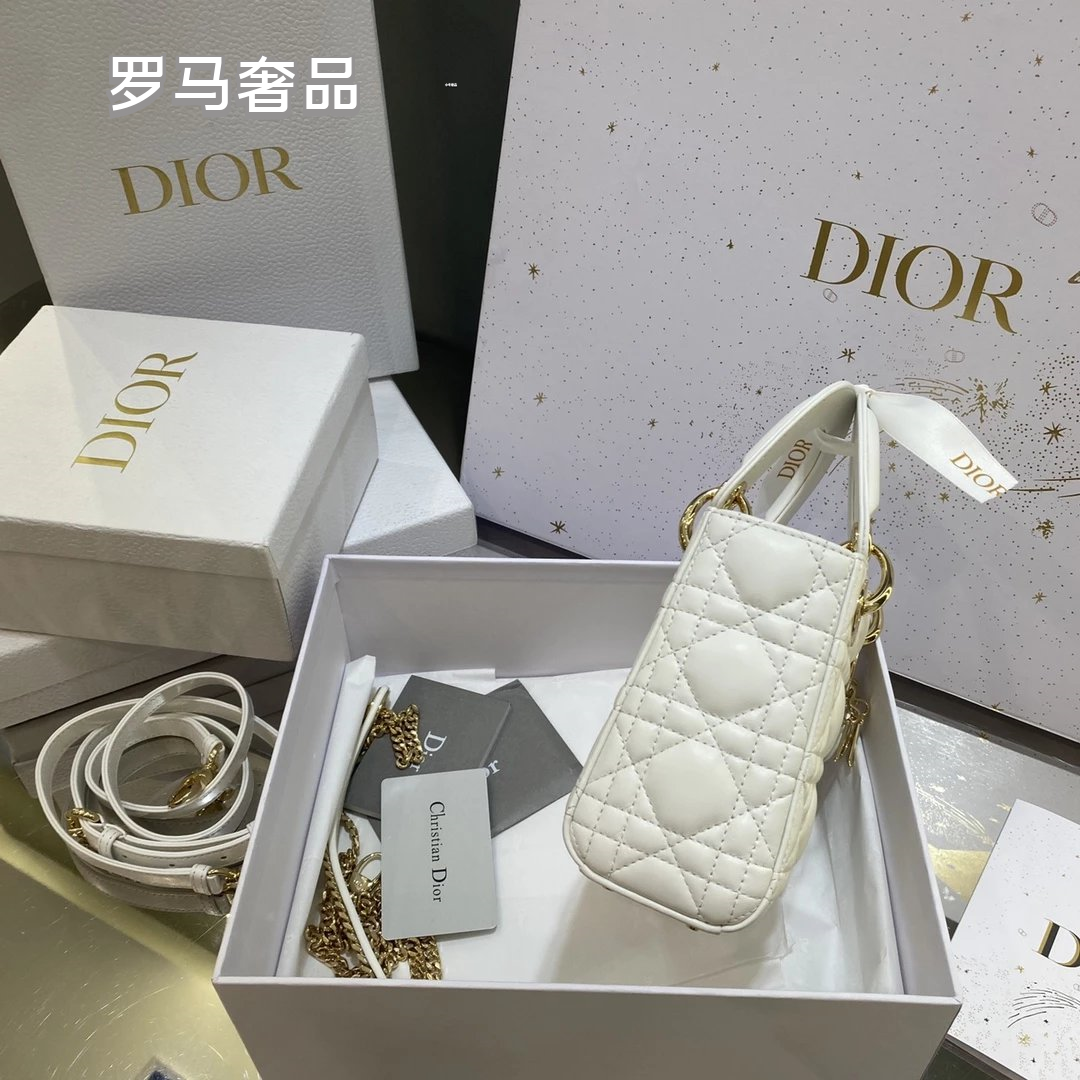 Dior Classic White Quilted Leather Mini Top Handle Bag with Silver Hardware