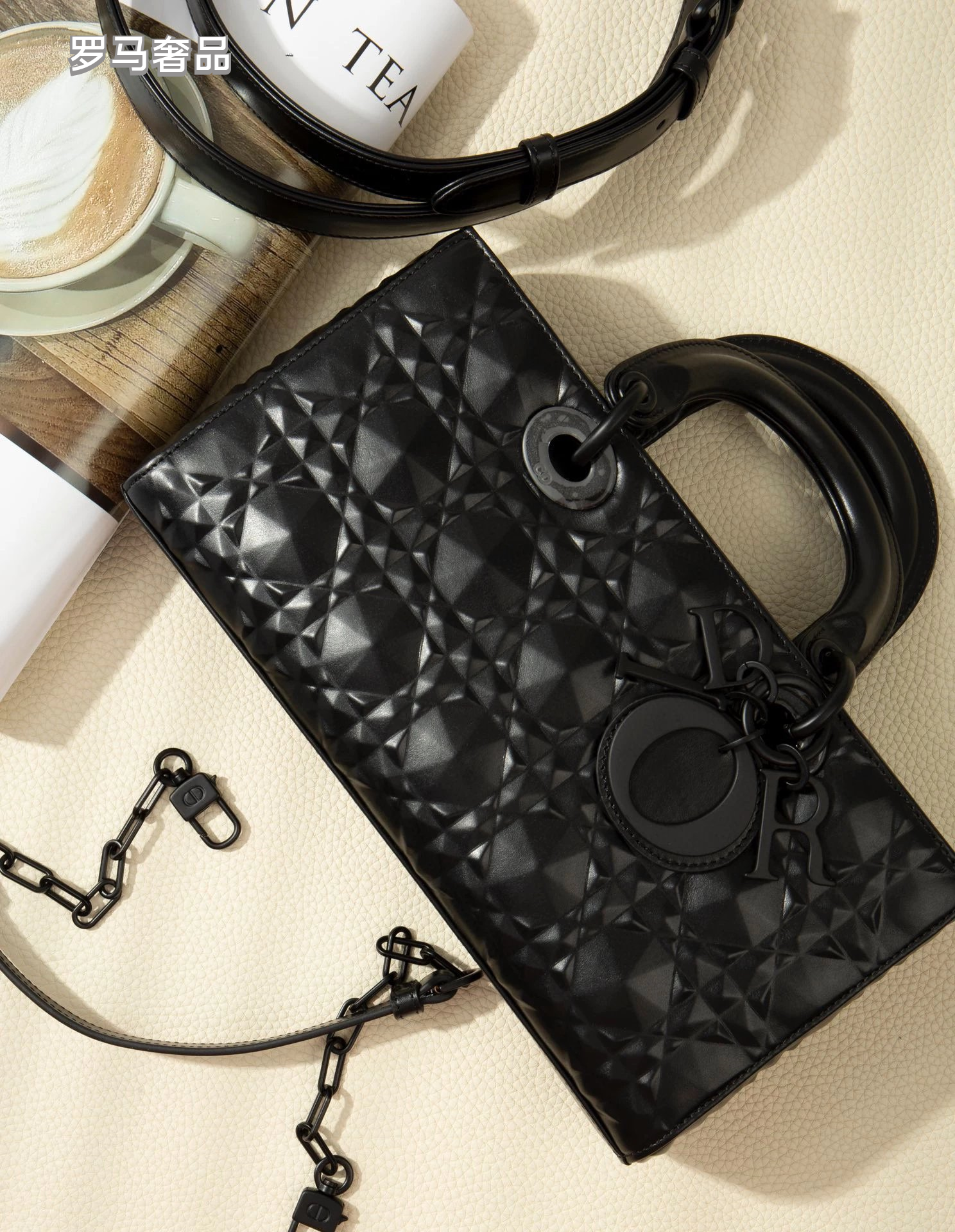 Dior Matte Black Quilted Leather East-West Bag with Chain Strap