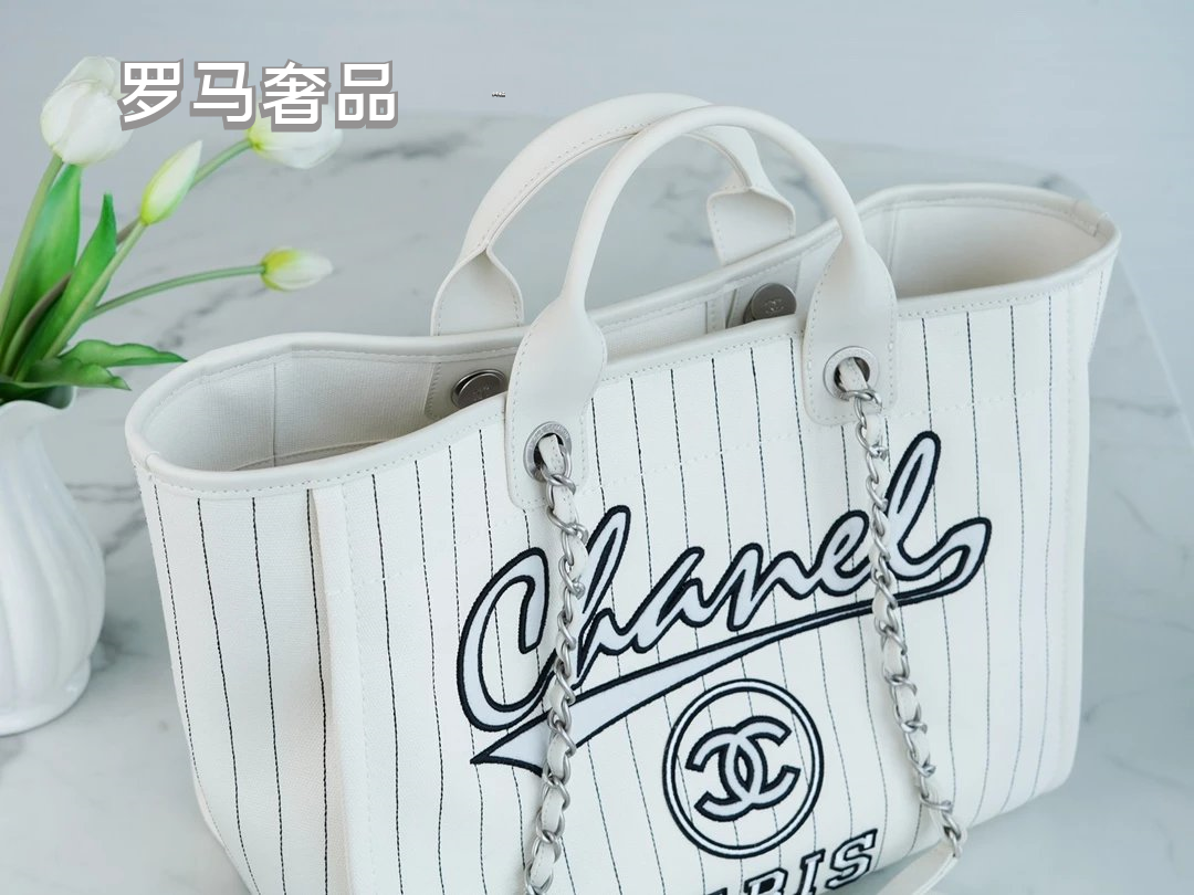 Chanel Pinstripe Deauville Canvas Tote Bag - White/Black