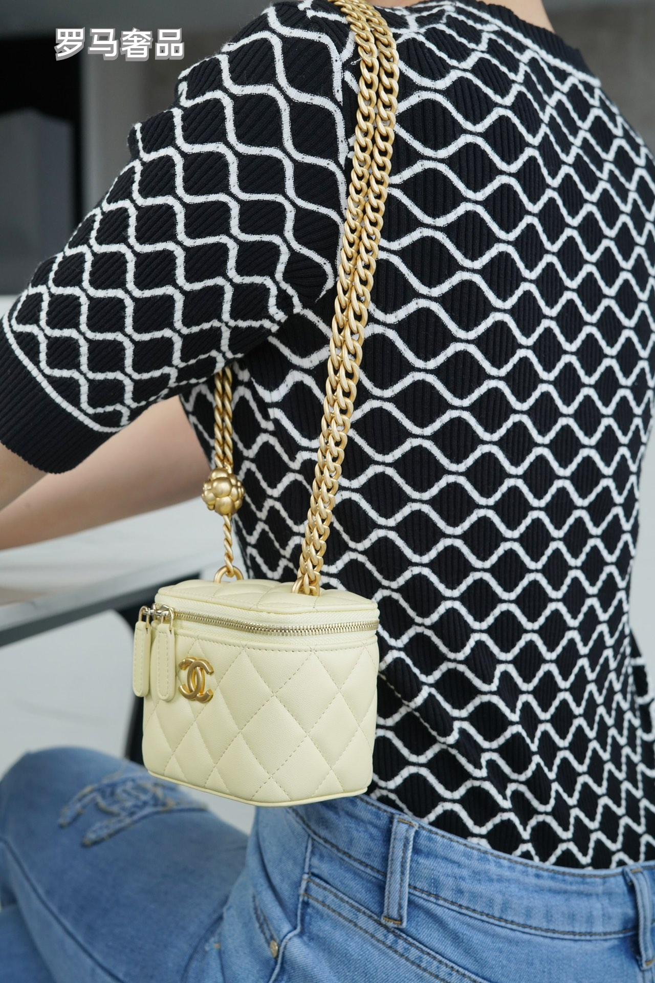 Small Quilted Vanity Bag with Gold Chain Strap - White Luxury Crossbody Case