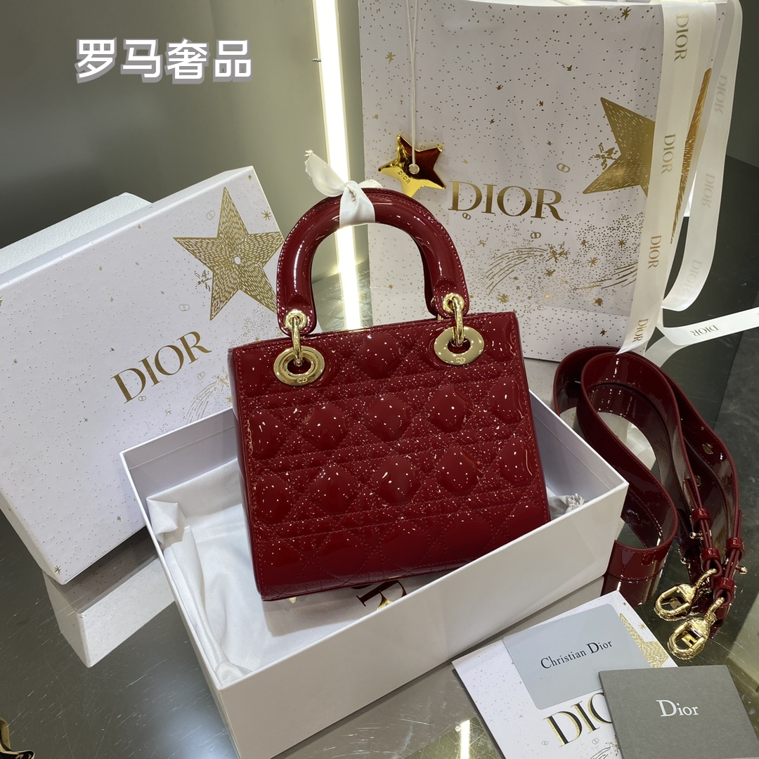 Dior Elegant Red Quilted Patent Leather Mini Top Handle Handbag