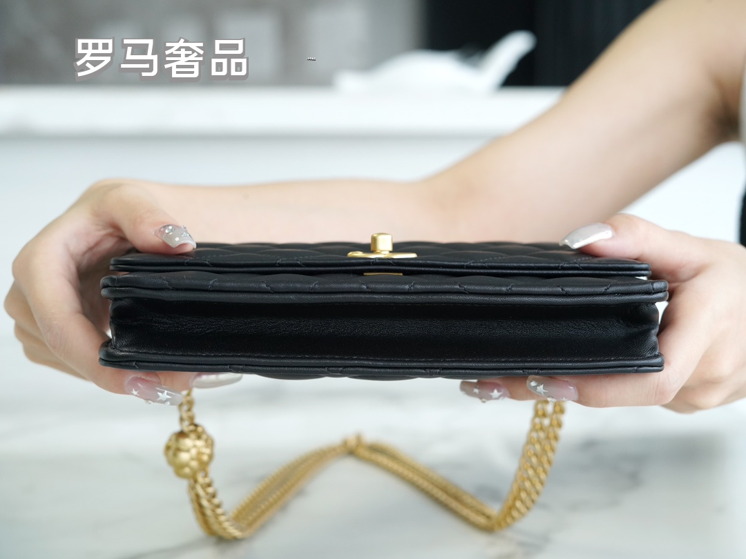 Chanel Quilted Lambskin Wallet on Chain with Camellia Gold Charm - Black
