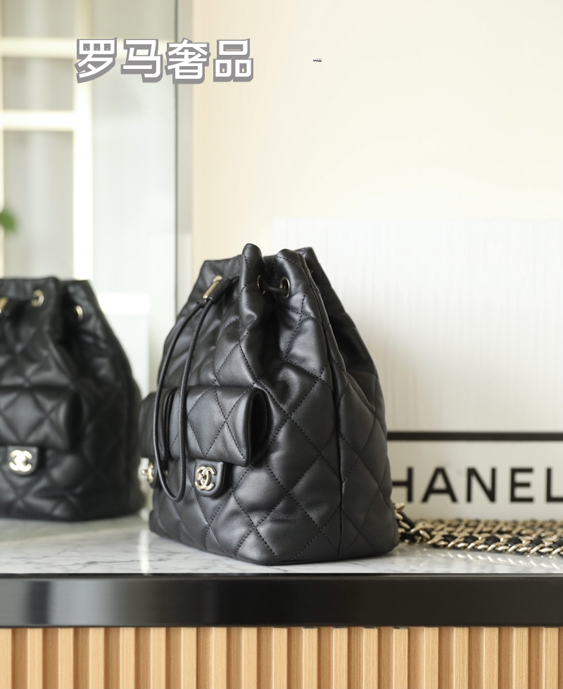 Chanel-Style Quilted Black Leather Bucket Bag with Silver Chain Strap