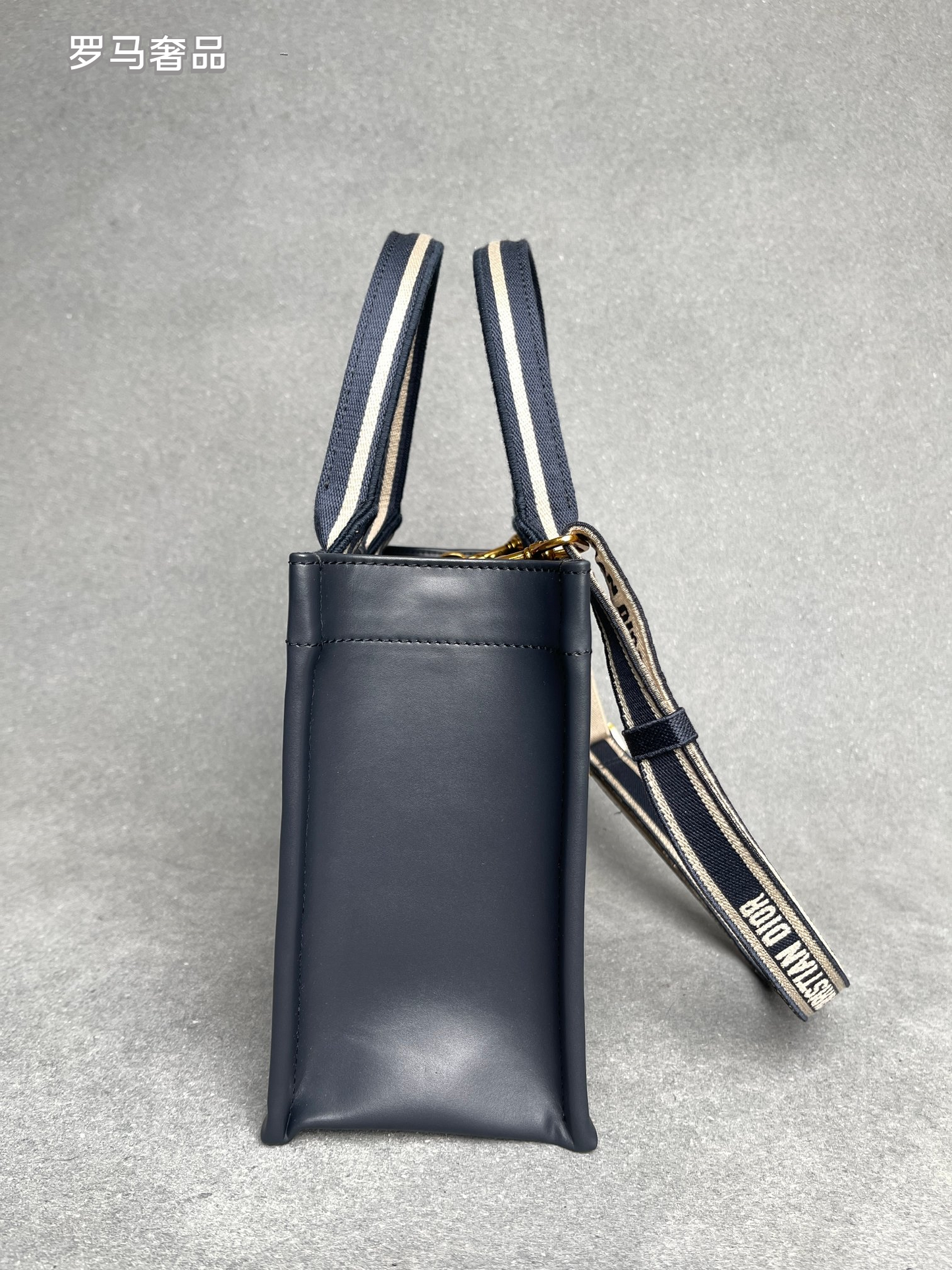 Dior Navy Blue Monogram Canvas Tote Bag with Top Handles
