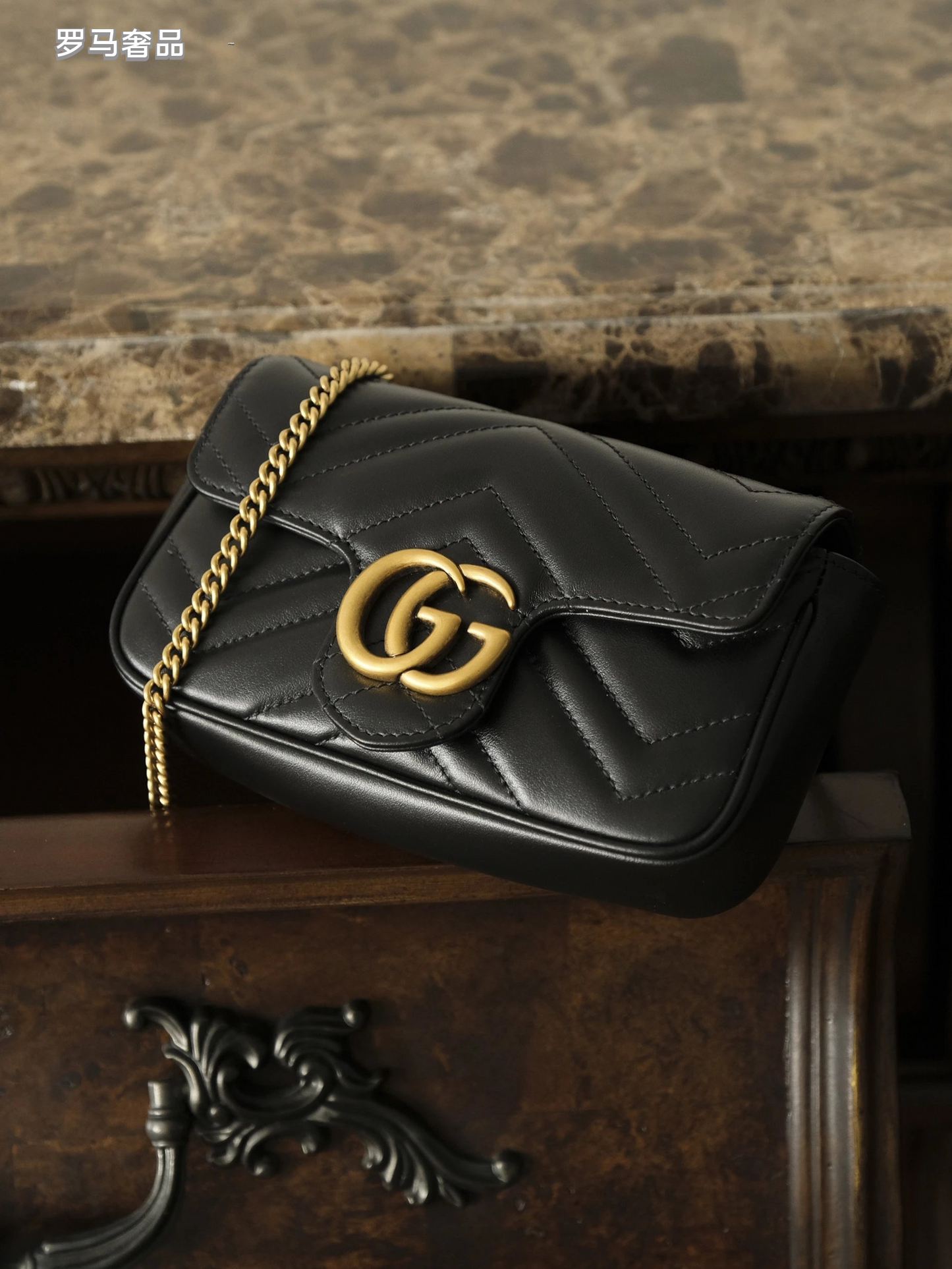 Gucci Black Quilted Chevron Leather Shoulder Bag with Gold Chain Strap