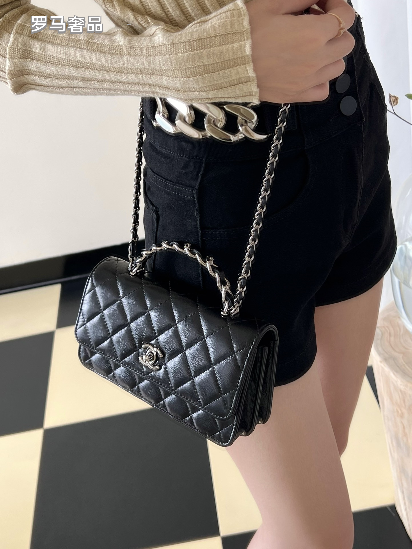 Chanel-Style Quilted Mini Flap Bag with Chain Set - Black &amp; White