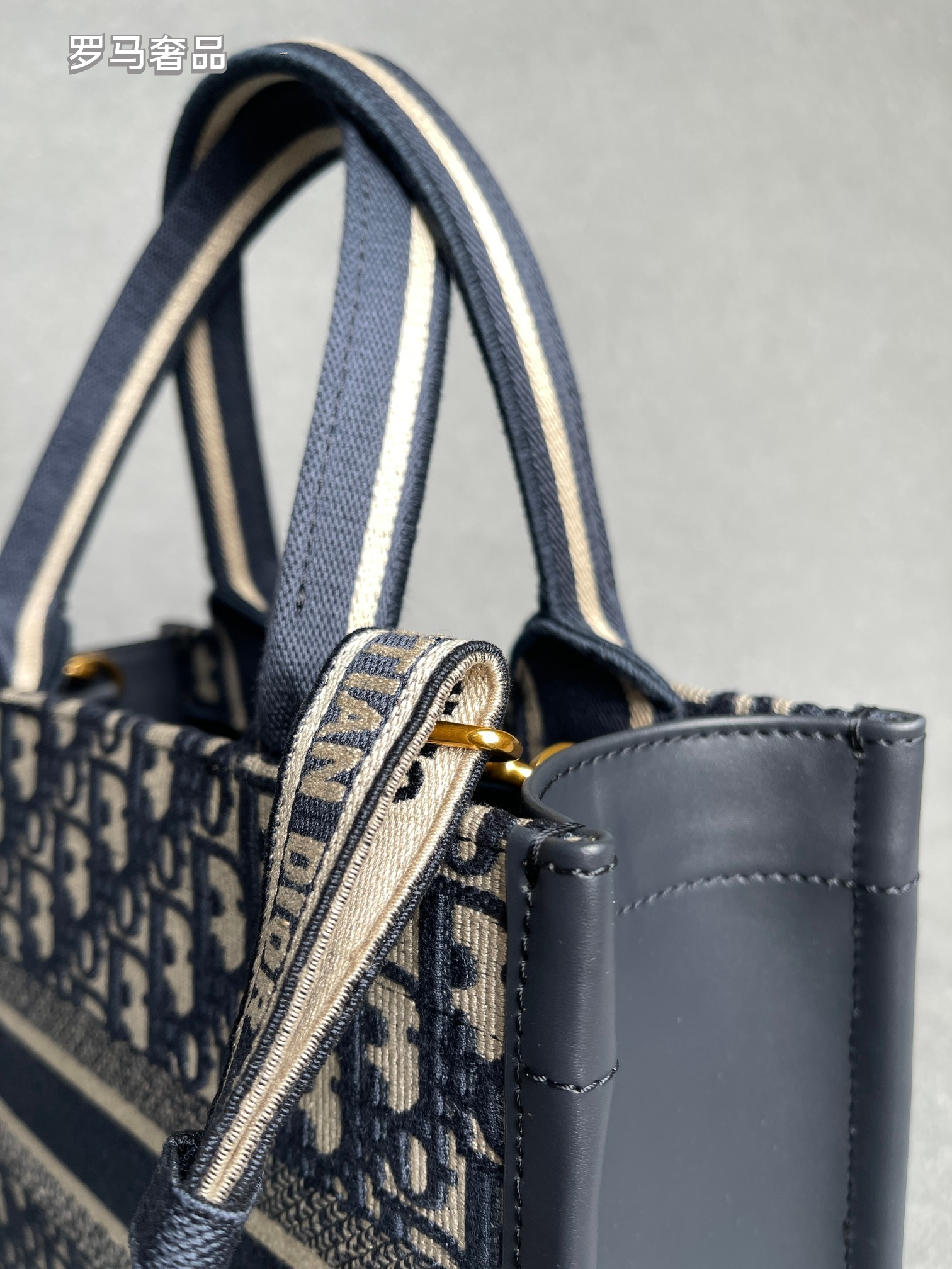 Dior Navy Blue Monogram Canvas Tote Bag with Top Handles
