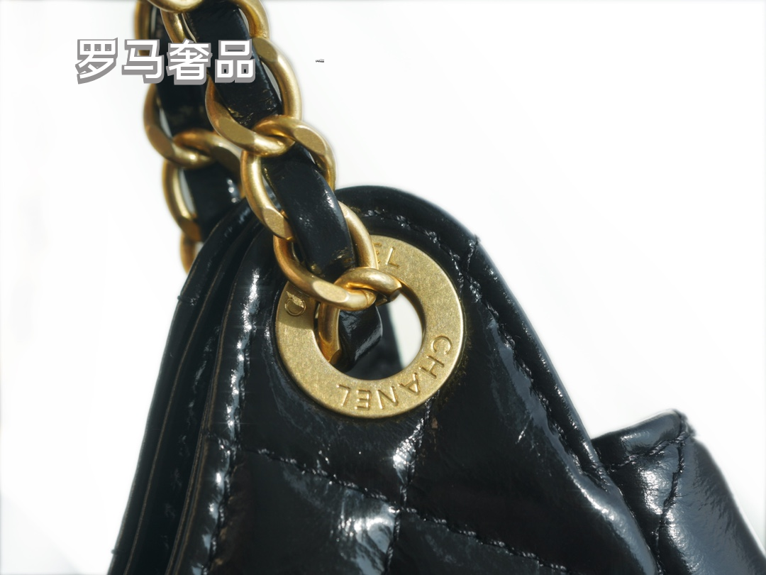 Elegant Black Quilted Patent Leather Shoulder Bag with Gold Chain Strap