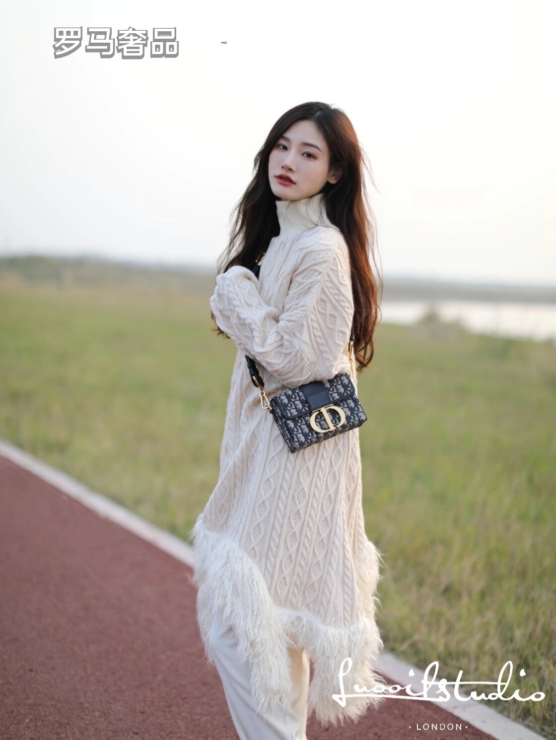 Dior Retro Monogram Flap Shoulder Bag with Gold Metal Clasp and Wide Strap