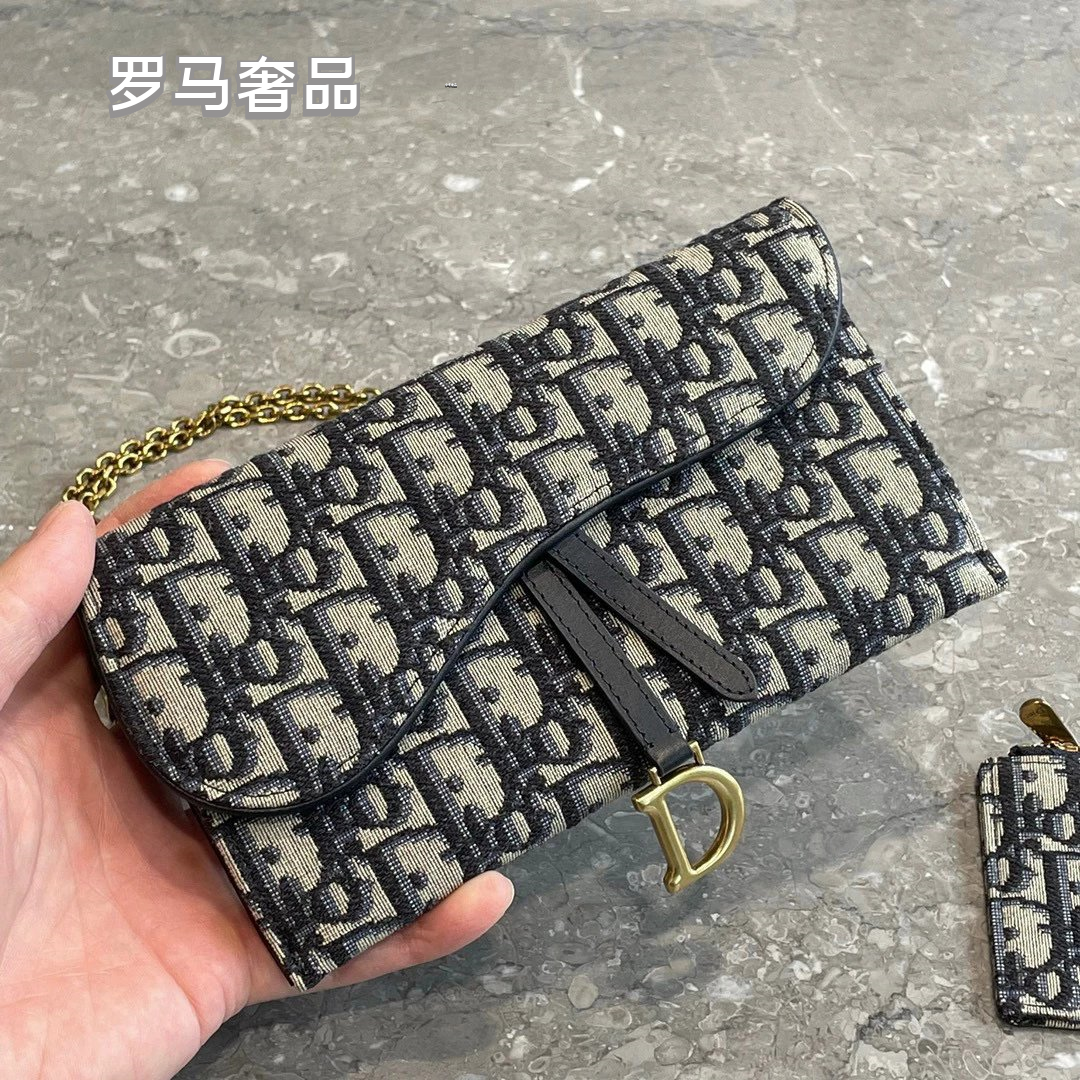 Dior Saddle Wallet on Chain Blue Dior Oblique Jacquard