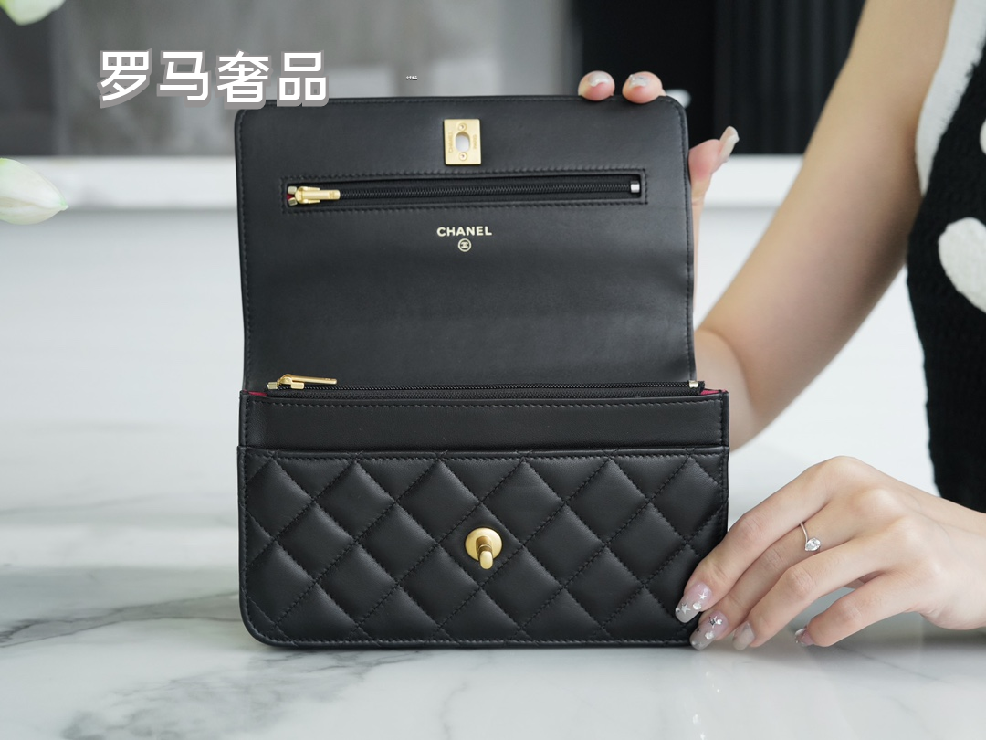 Chanel Quilted Lambskin Wallet on Chain with Camellia Gold Charm - Black