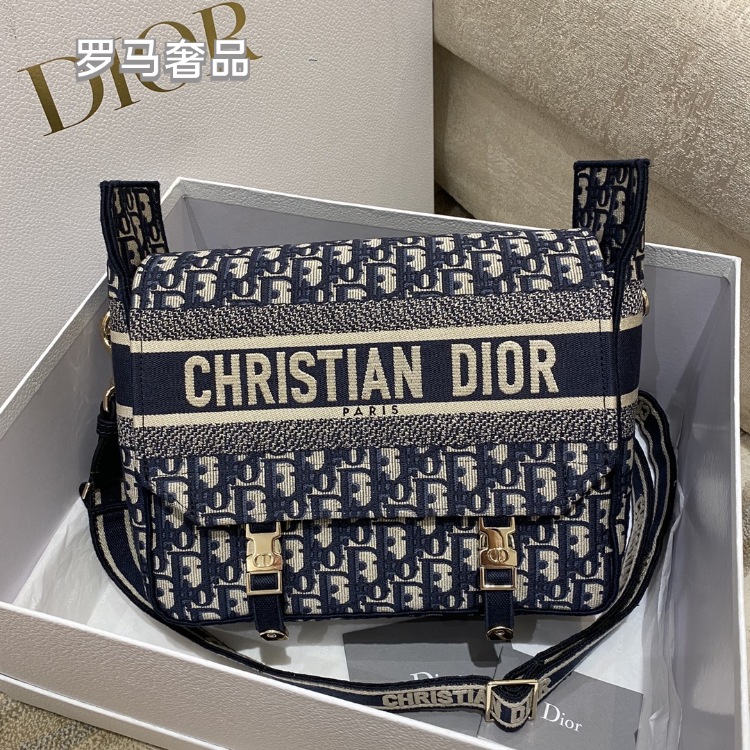 Dior Blue Monogram Embroidered Canvas Messenger Shoulder Bag