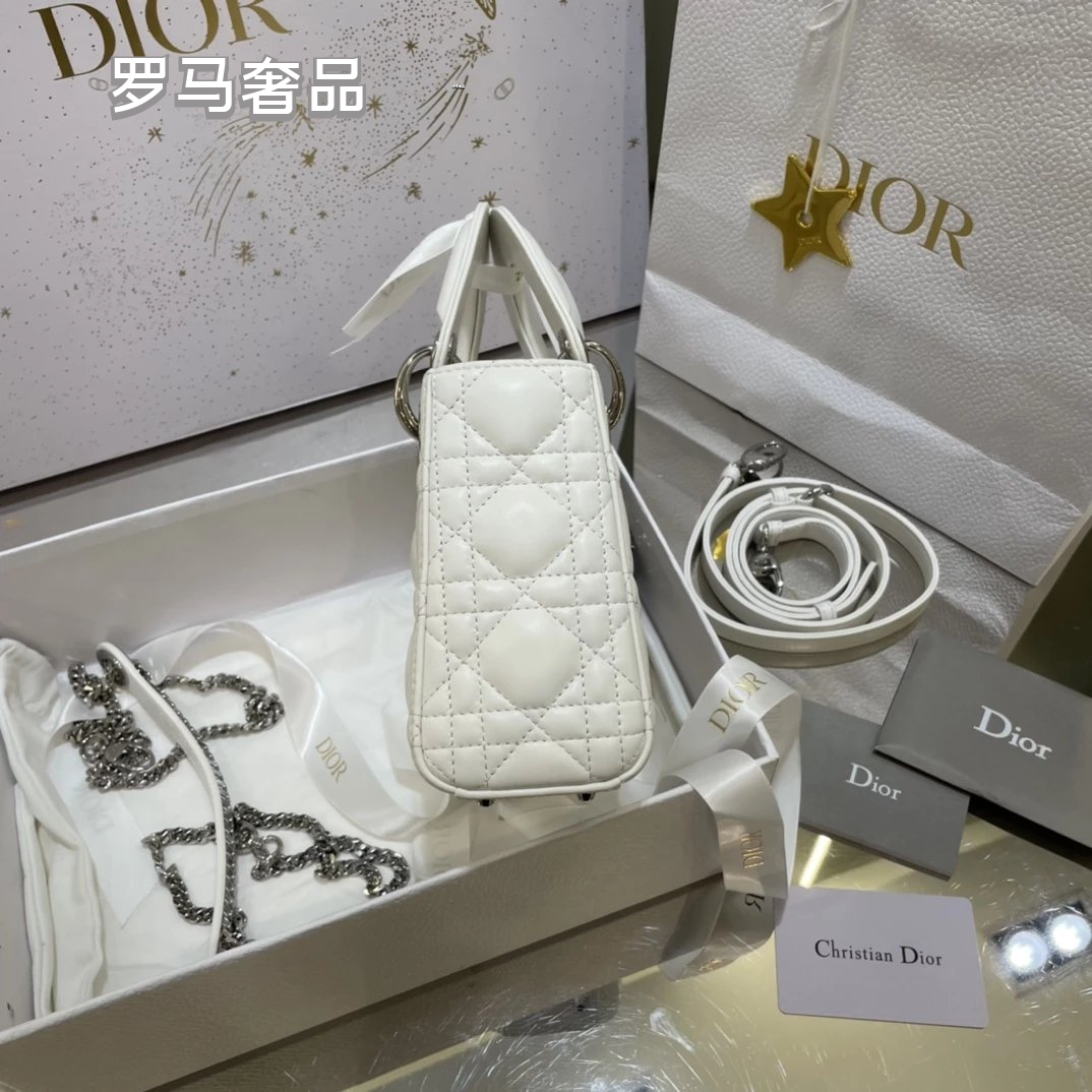 Christian Dior Lady Dior Mini Bag White Cannage Lambskin with Silver-Tone Hardware