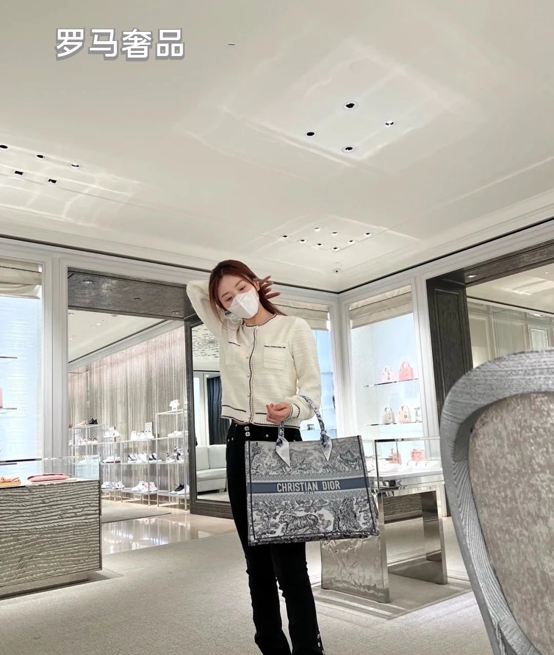 Christian Dior Grey Toile de Jouy Embroidered Canvas Medium Book Tote Bag